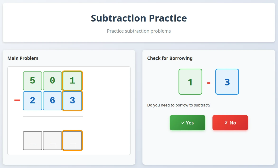 Subtraction Practice asking whether borrowing is needed for 501 minus 263