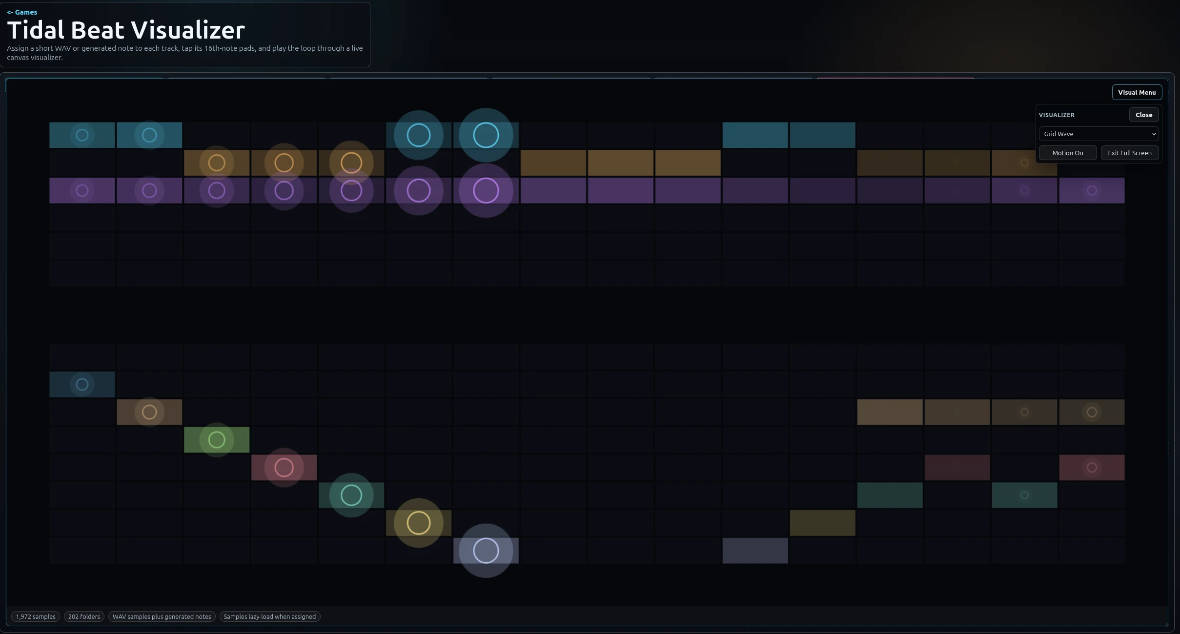Tidal Beat Visualizer showing colored notes across a 16-step grid