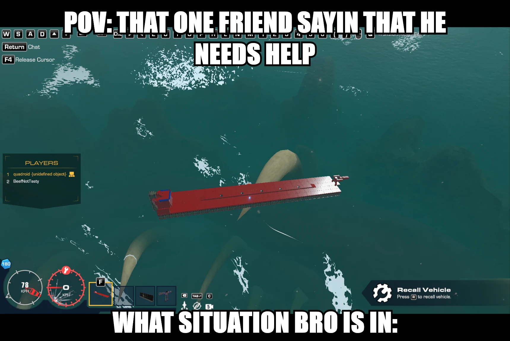Ben's Trailmakers meme showing a long red vehicle over water