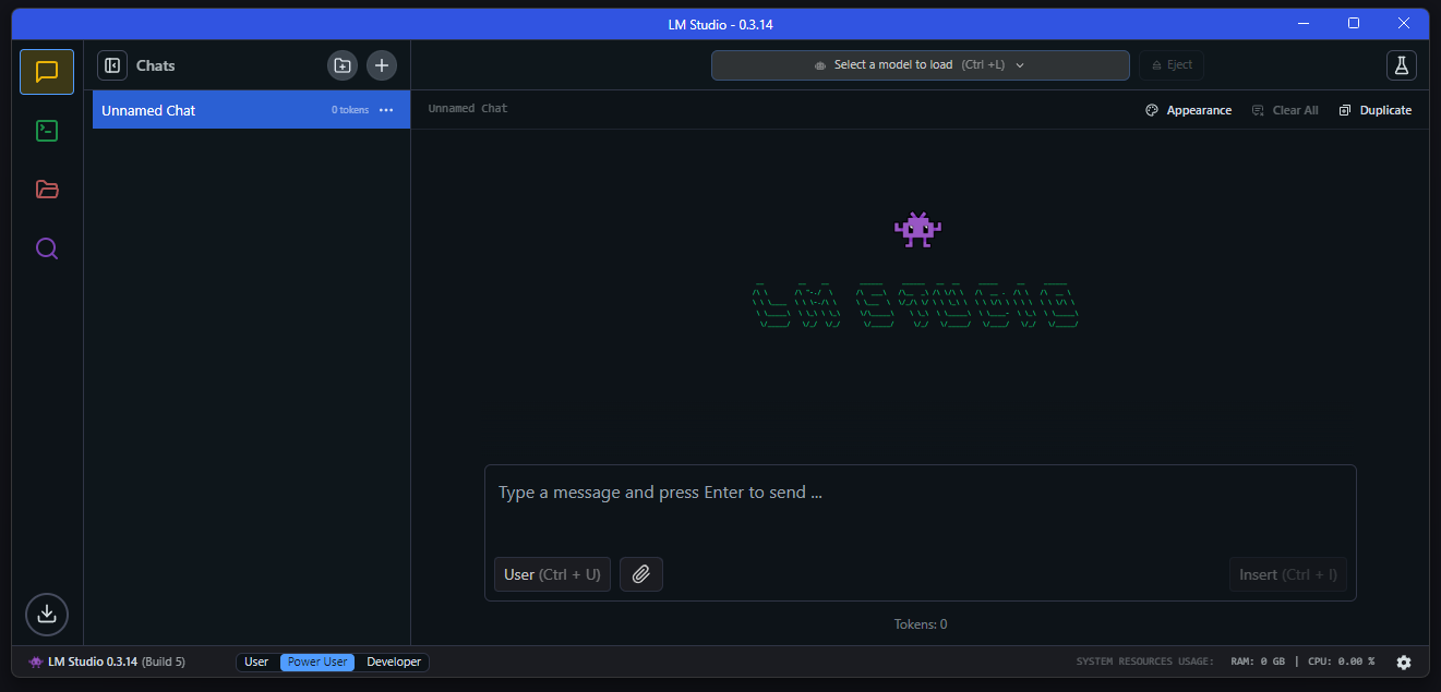 Example of an empty AI chat window in LM Studio.