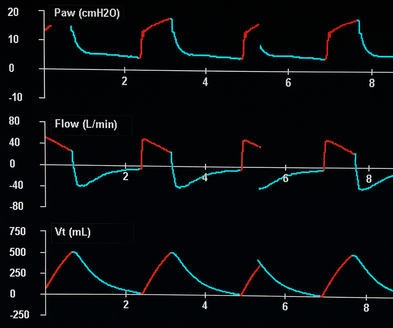 Clean AVEA ventilator waveform examples shown on a ventilator display